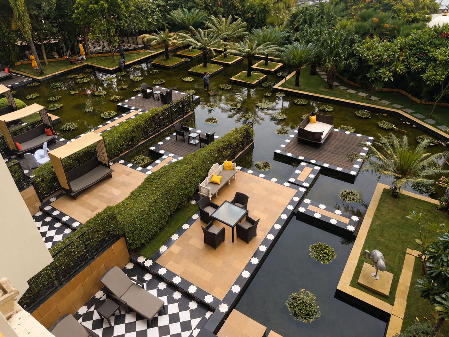 Hotel courtyard with planted islands in water
